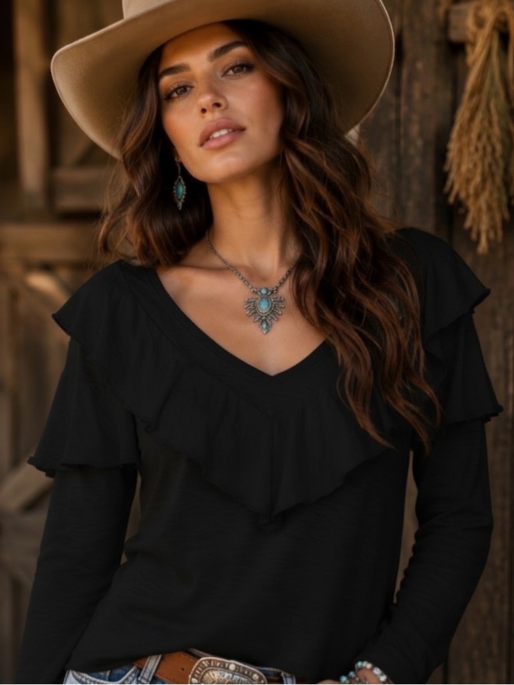 Nation Ltd Kelsey Ruffled Romance Tee Long Sleeve Pima Cotton Black Blouse Small